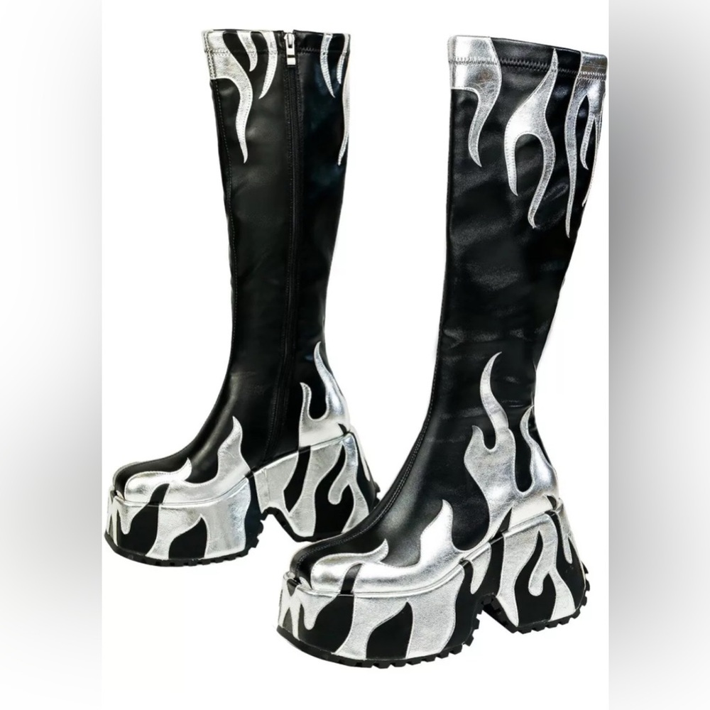 women’s side zipper high heeled Flames Printing Chunky sole boots round toe boot